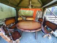 Drewniany, ogrodowy komplet wypoczynkowy, stół z ławami i fotelami