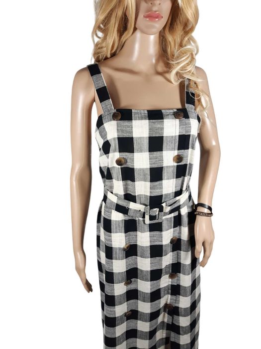 Nowa czarna ecru długa sukienka wzór w kratkę 40,L Primark bawełna