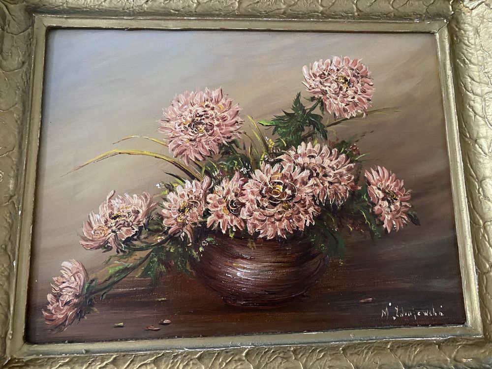 stary obraz olejny kwiaty chryzantemy M Zdrojewska z ramą