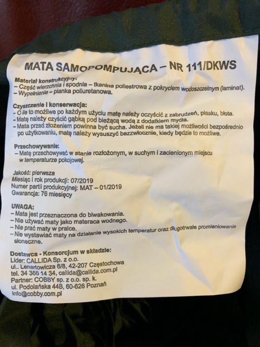 Wojskowa mata samopompująca CALLIDA COBBY 111/DKWS Oliwka GROM