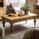 Rustykalny drewniany stolik kawowy z szufladami, styl vintage, solidny