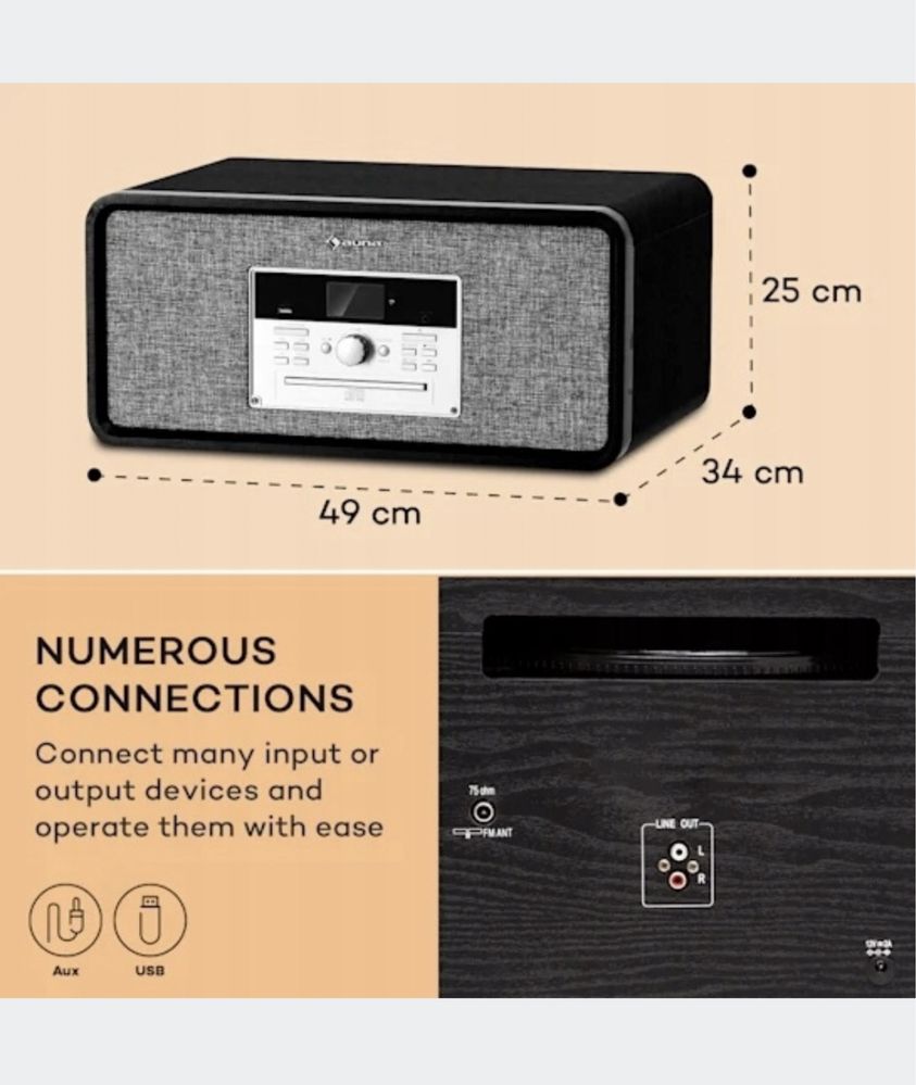 Wieża stereo retro gramofon radio DAB+ FM CD Bluetooth Aux Bella Ann