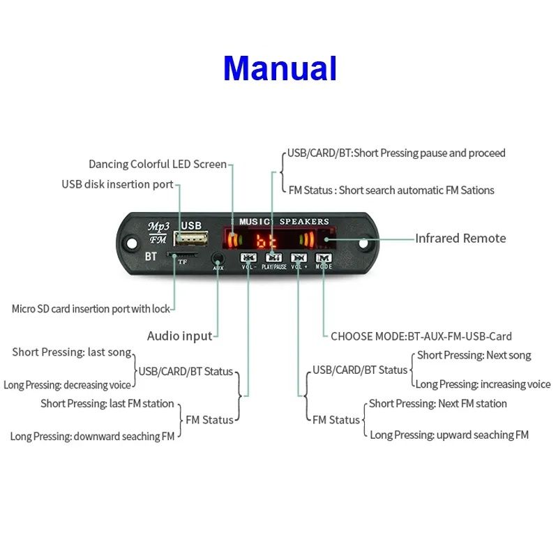 Bluetooth 5,0 приемник, панель, декодер мр3, fm, aux, usb, tf- карта