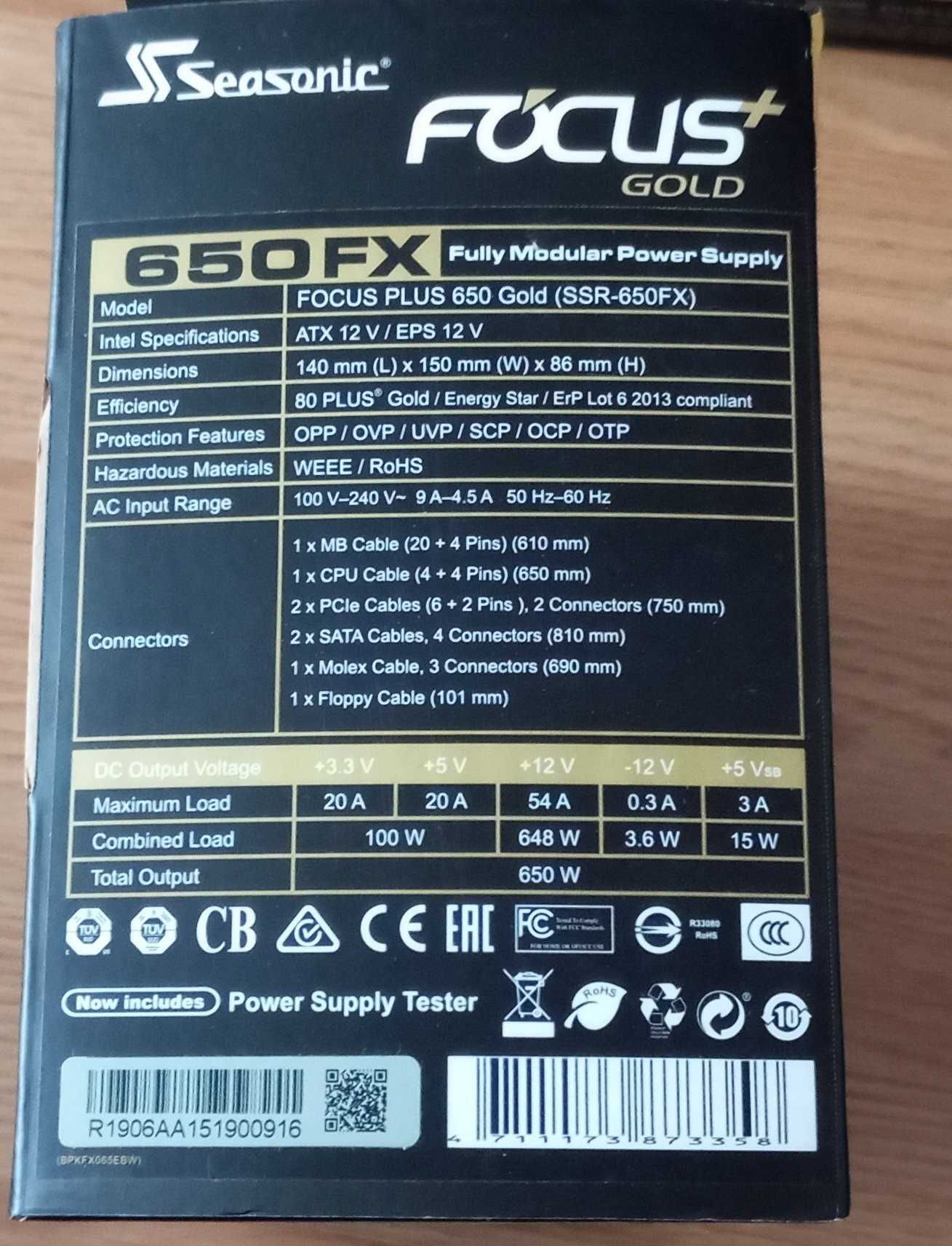 Zasilacz modularny ATX PC Seasonic Focus Gold 650W SSR-650FX Komplet