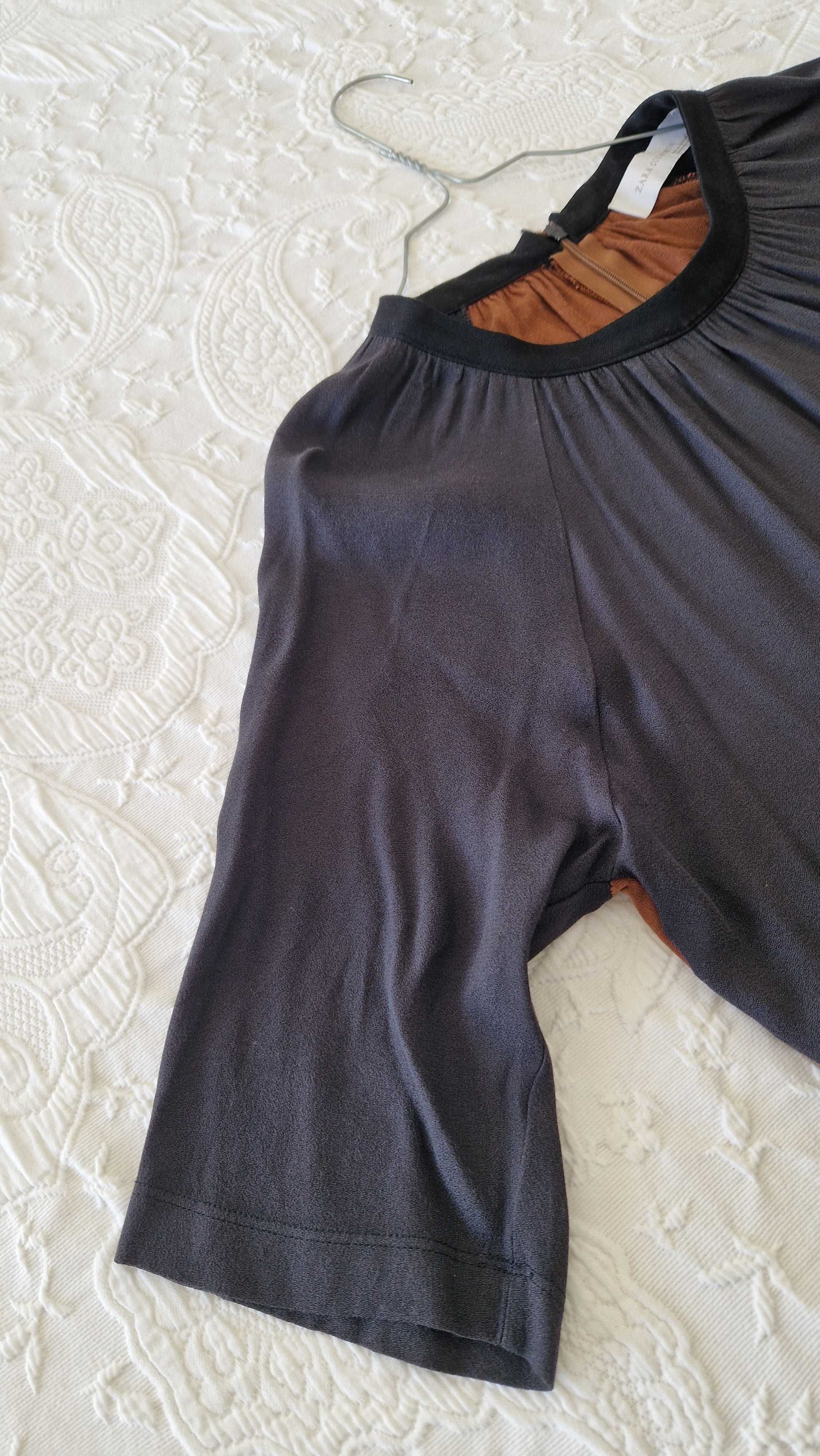 Blusa manga 3 quartos, cor cinza e castanho, Zara, tamanho M