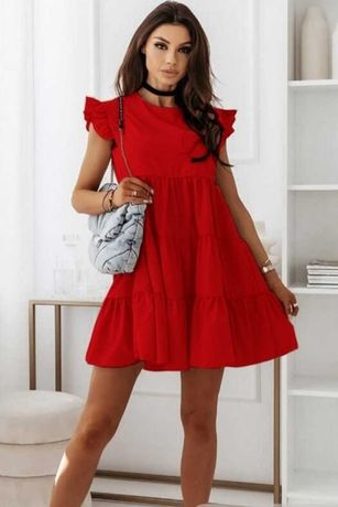 Коротке літнє плаття з рюшами. Червоний сарафан. Красное платье.