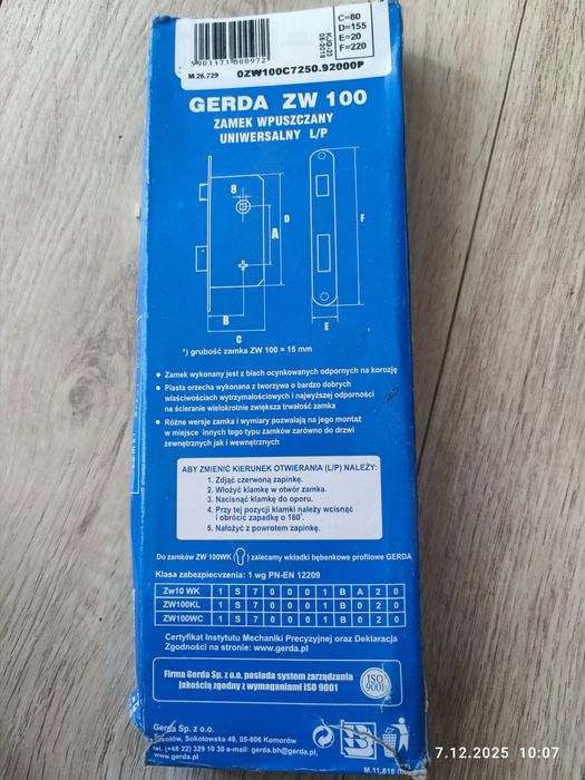 Zamek wpuszczany GERDA ZW 100 Uniwersalny