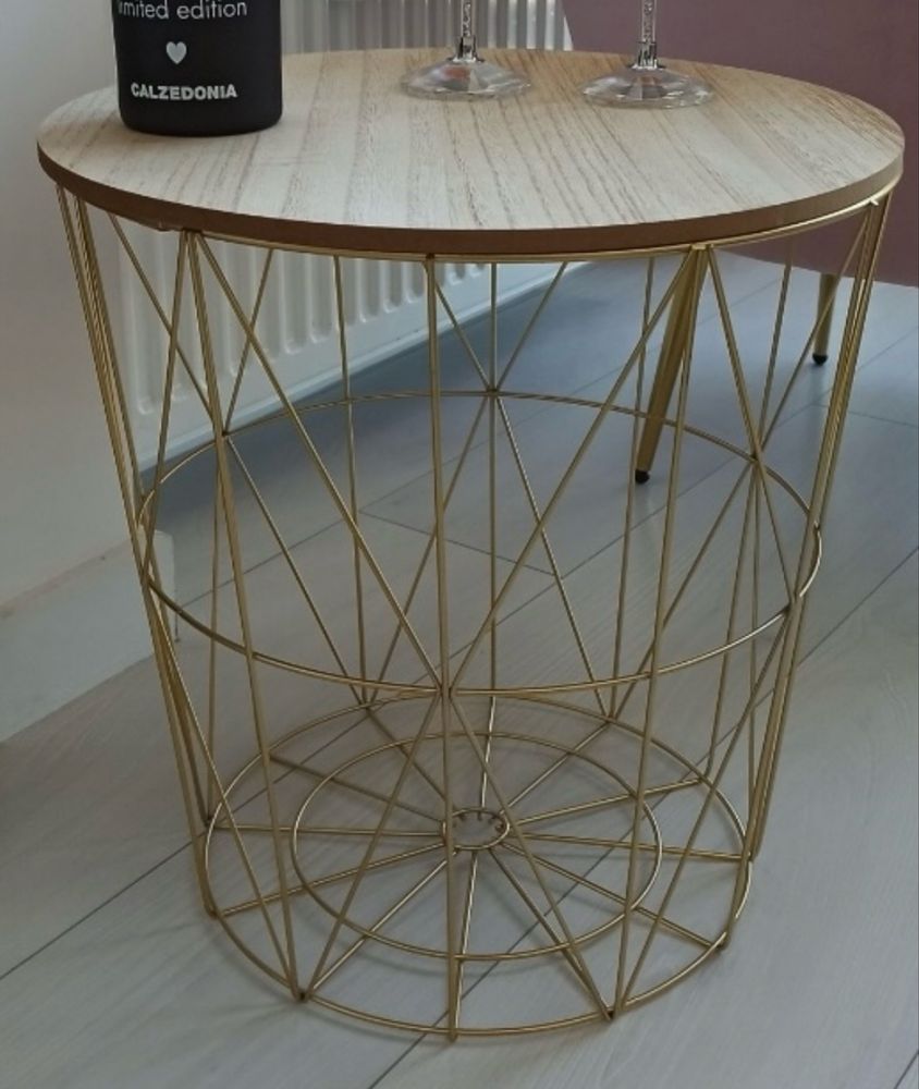 Stolik stół okrągły kawowy drewniany metalowy złoty loft 39x38 nowy