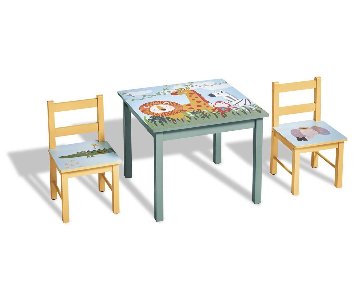 Zestaw drewnianych mebli dzieci safari stolik 2 krzesła MOCNE 50kg