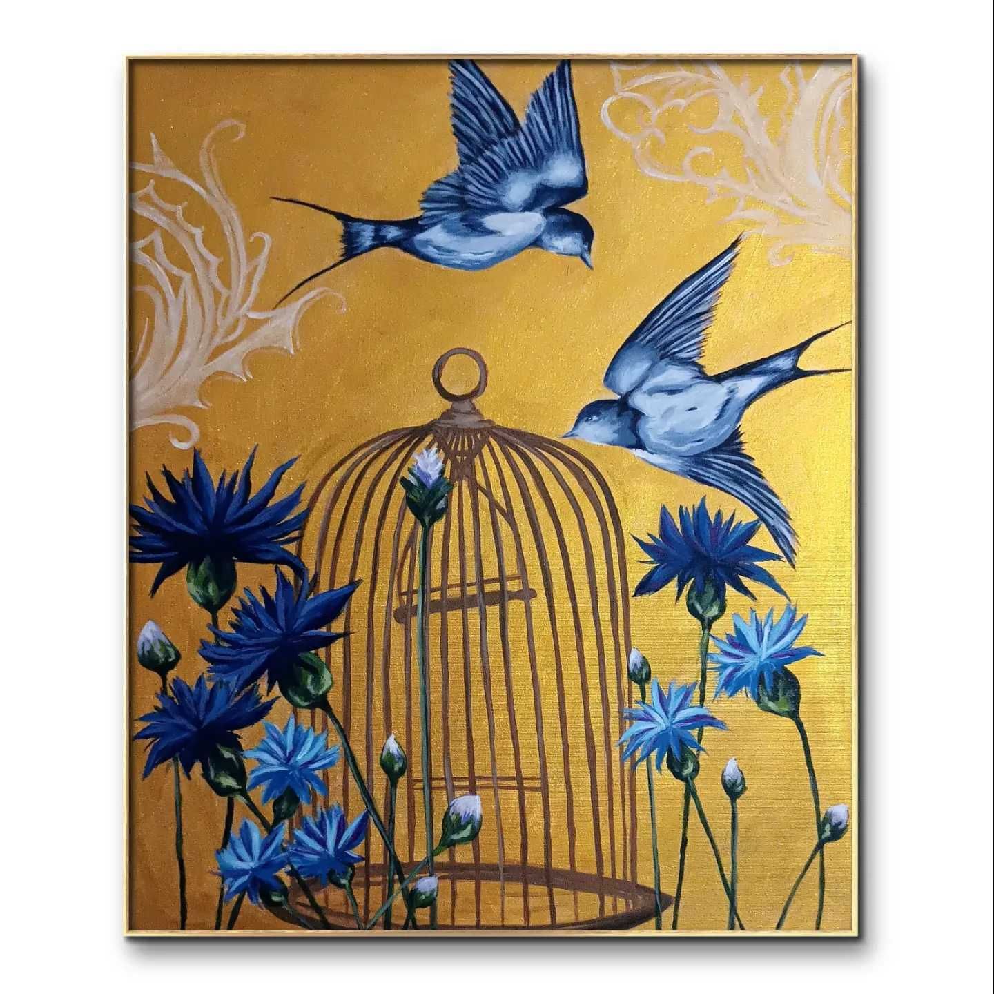 Obraz akrylowy ręcznie malowany, złoto, 50x60 cm, ptaki