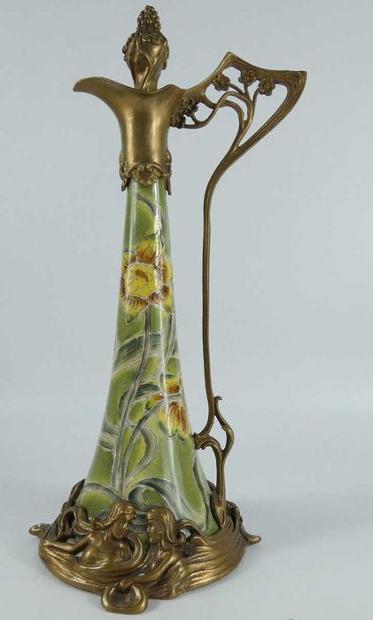 KARAFKA porcelana + BRĄZ secesja dzban kwiat sygnowana