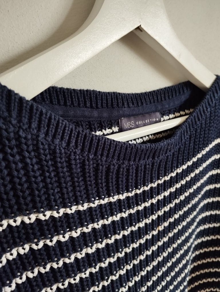 Bawełniany, gruby sweter w paski, dekolt w łódkę r. L M&S