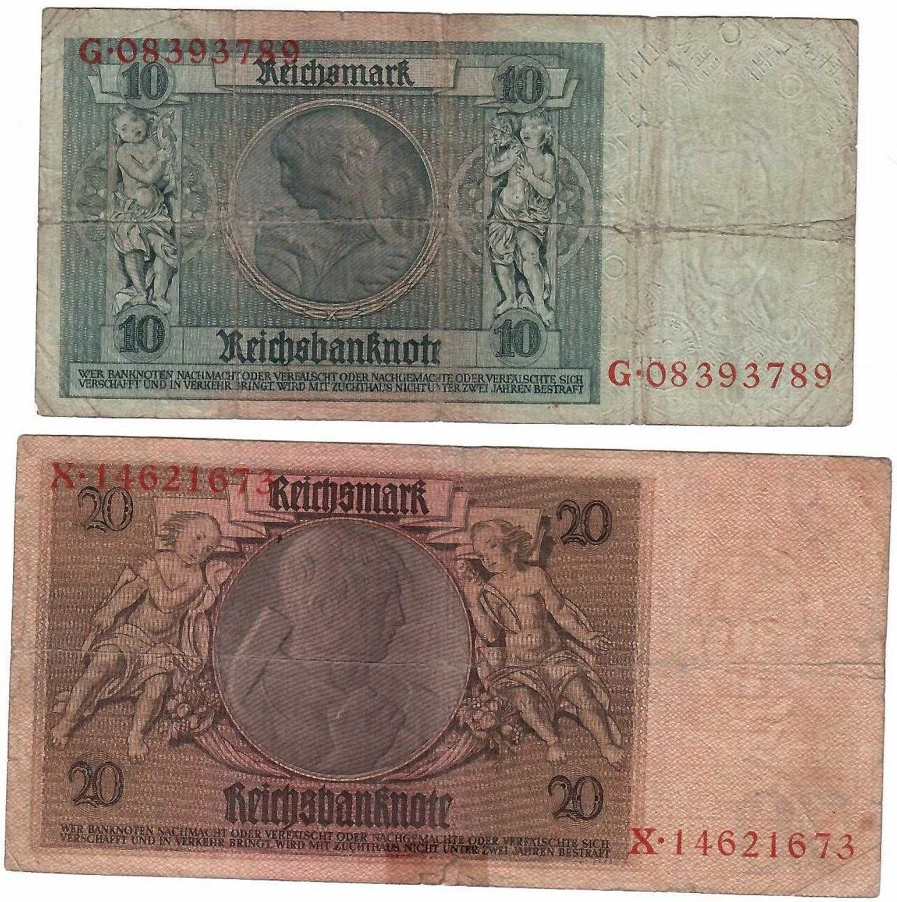 obniżka o 20 zł 2 banknoty 1929 r. 10 marek i 20 marek rzadkie serie