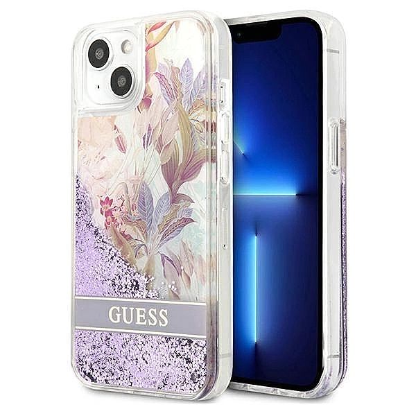 Etui Guess Flower Liquid Glitter na iPhone 13 mini - fioletowe