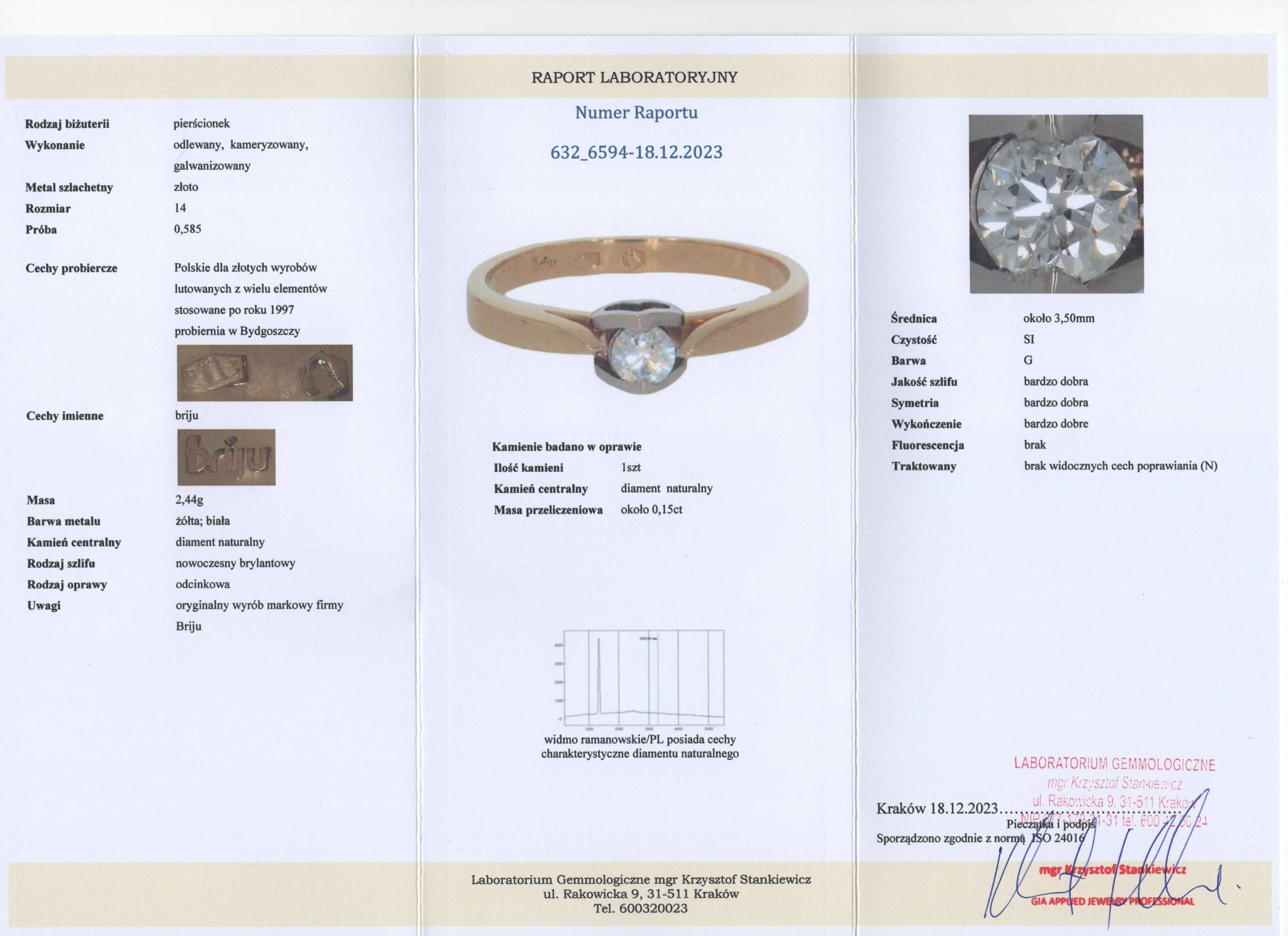 Złoty Pierścionek - DIAMENT 0,15ct - 14K - 2,44g - BRIJU - AMAZING