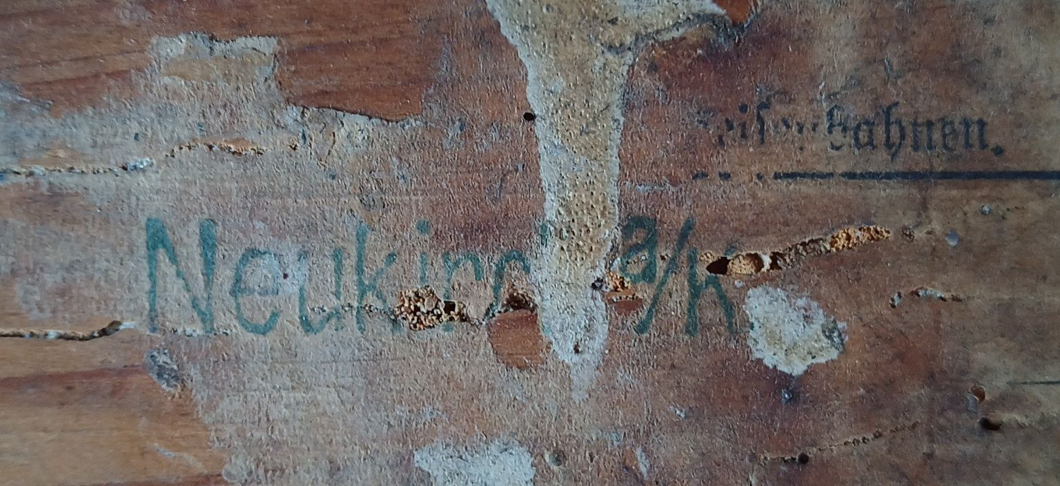 Stary poniemiecki drewniany kufer podróżny Neu Kirch-Nowy Kościół