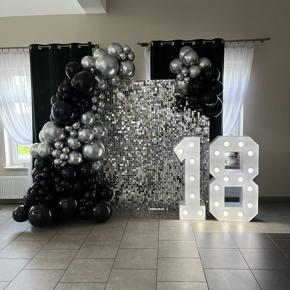 Ścianka cekinowa, cekiny 18-stka, cyfry led, neon happy birthday