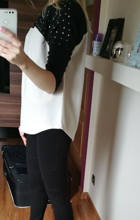 Bluza bluzka kamienie XS S czarna kremowa