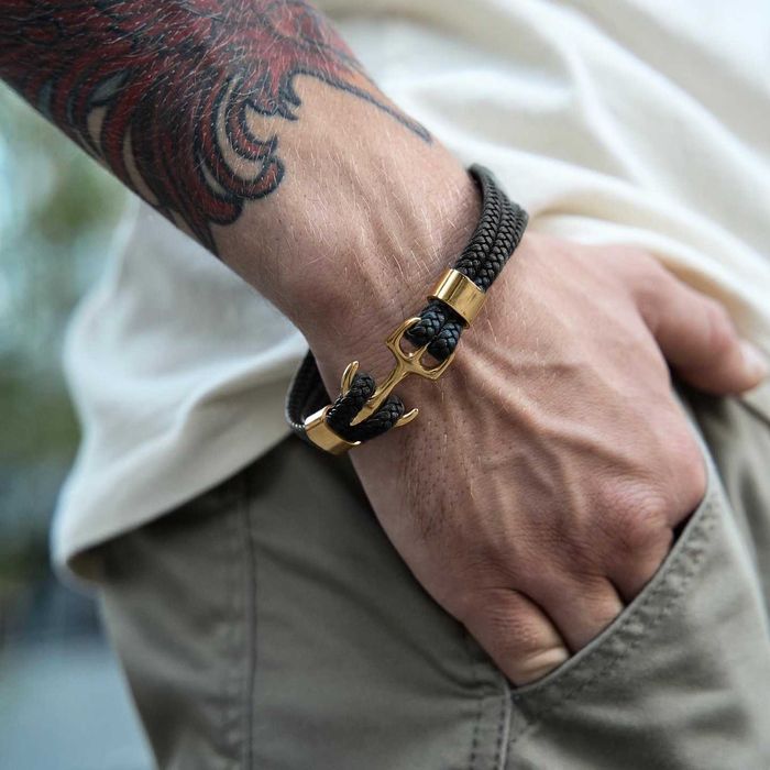 Мужской кожаный браслет с золотыми вставками, браслет из кожи и стали