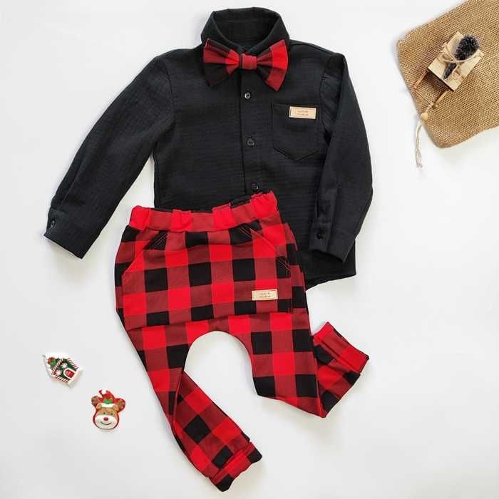 Elegancki ZESTAW chłopięcy muślinowa koszula czarna czerwona krata 92