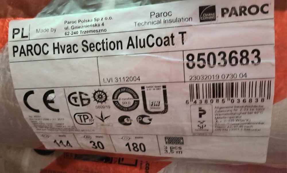 Izolacja do rur Paroc 114x30mm długość 10,8 mb