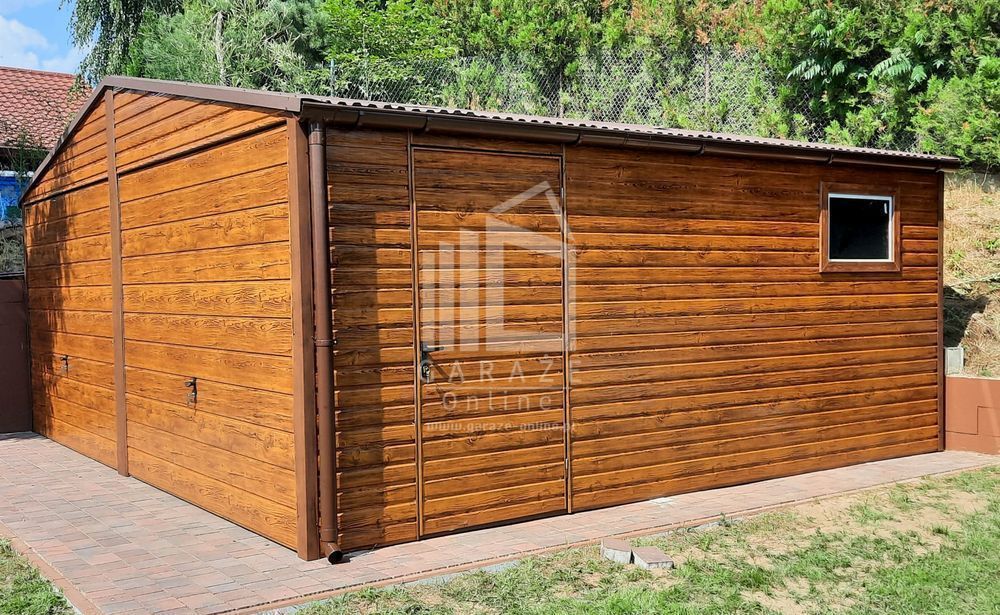 GARAŻ BLASZANY 6x5,8 - dwuspad 2x Brama + drzwi drewnopodobny ID113