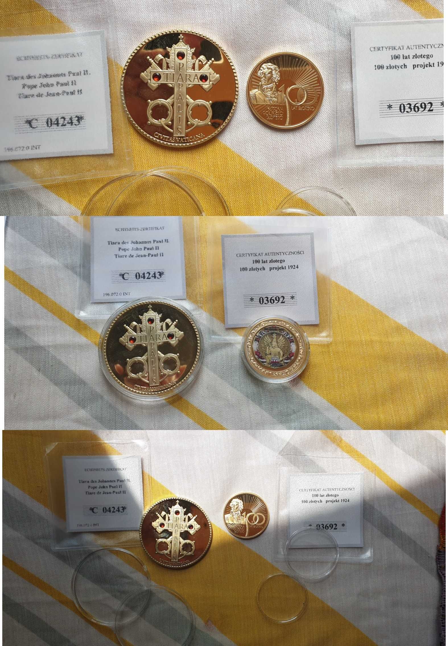 2 medale! Tiara JanaPawłaII i 100lat zł  Platerowane złotem Certyfkaty