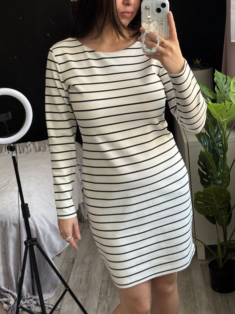 Sukienka H&M M midi długi rękaw basic w paski retro minimalizm scandi