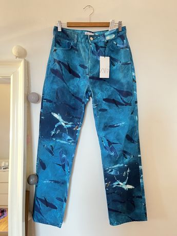 Zara spodnie jeansy z wielorybami ocean motyw unikat