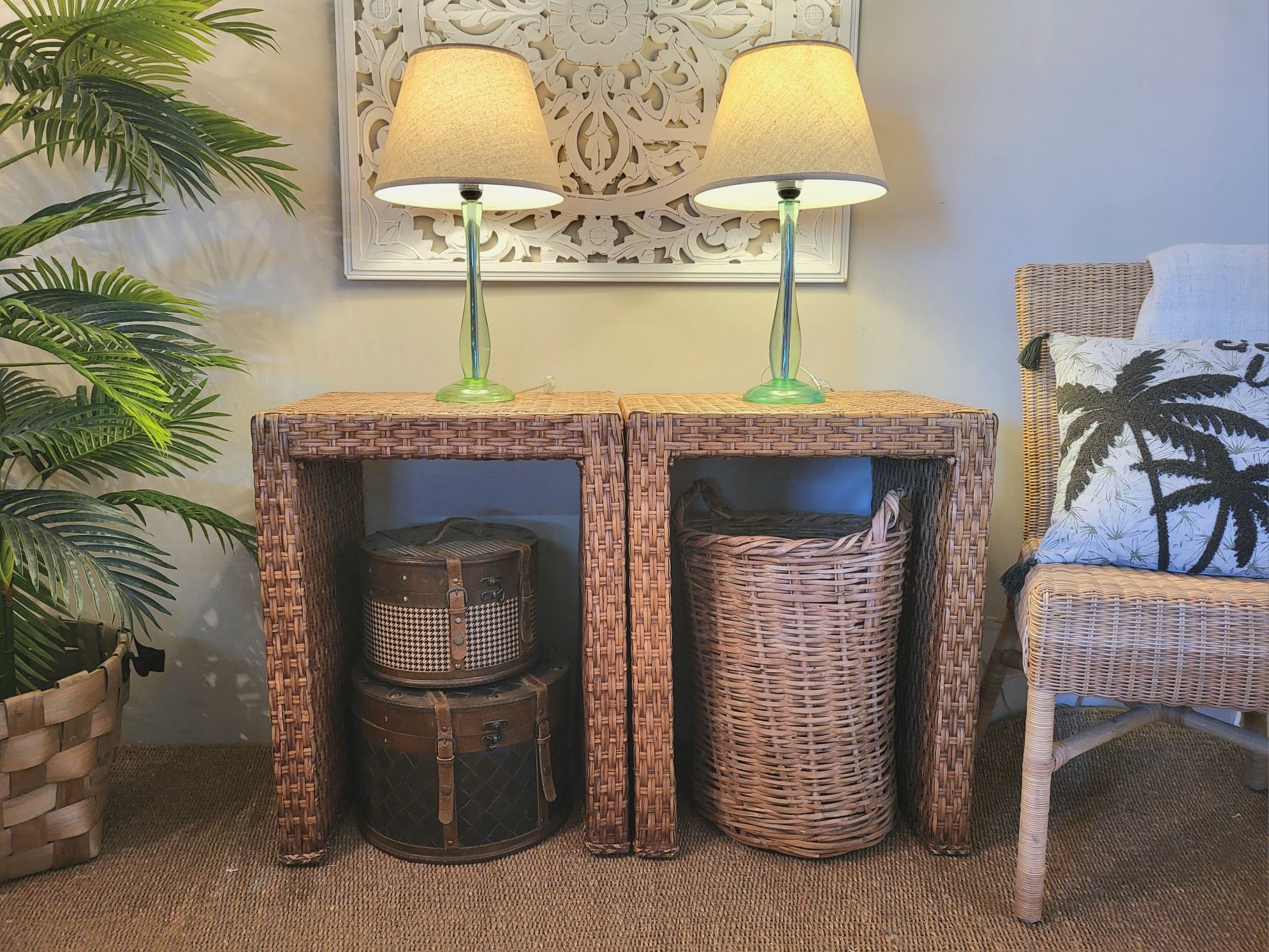 2 mesas, cabeceira, apoio, rattan, oriental, rustico