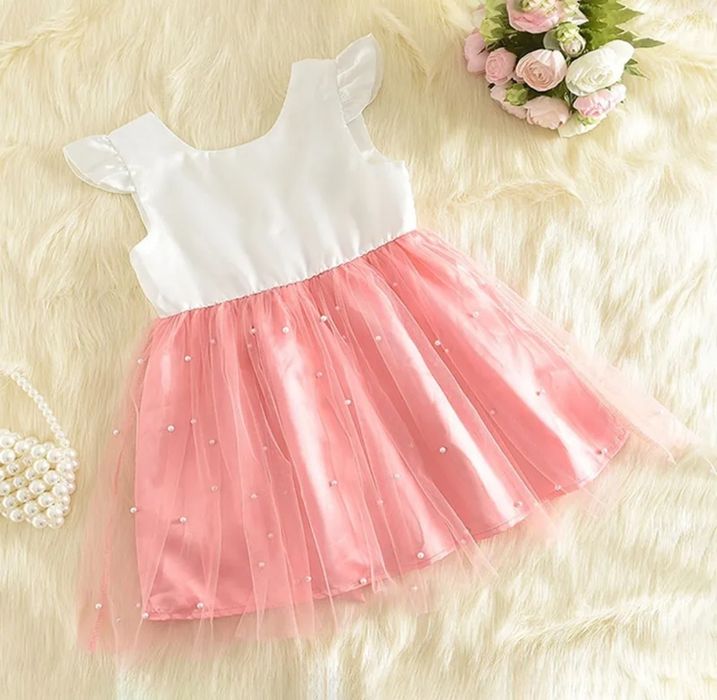 Nowa sukienka tiulowa z perełkami biało różowa rozmiar 104-110