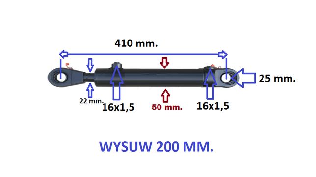 cylinder/siłownik/tłok hydrauliczny wysuw 200 mm. Tłoczysko 22 mm.