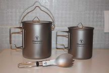 Титановий набір посуду казанок 750ml титанова кружка 450ml, ложк титан