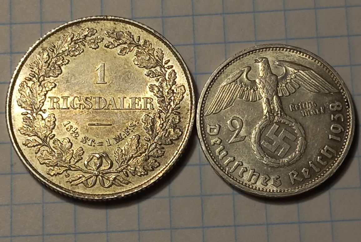 2 марки 1938 G, 1 рігсдалер 1854