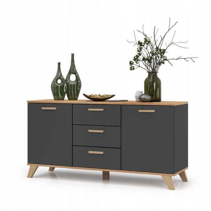 NOWA Biała Komoda RTV Pojemna Dębowa Szafka z Szufladami Do Salonu