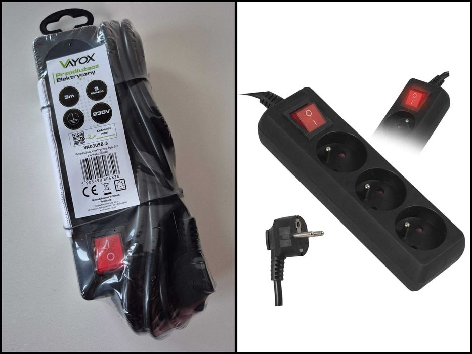 Przedłużacz elektryczny 3 gniazda, 3 m, z wyłącznikiem – NOWY