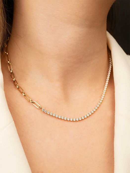 Złoty naszyjnik tenisowy cyrkonie, tenisówka 585, łańcuszek spinacz