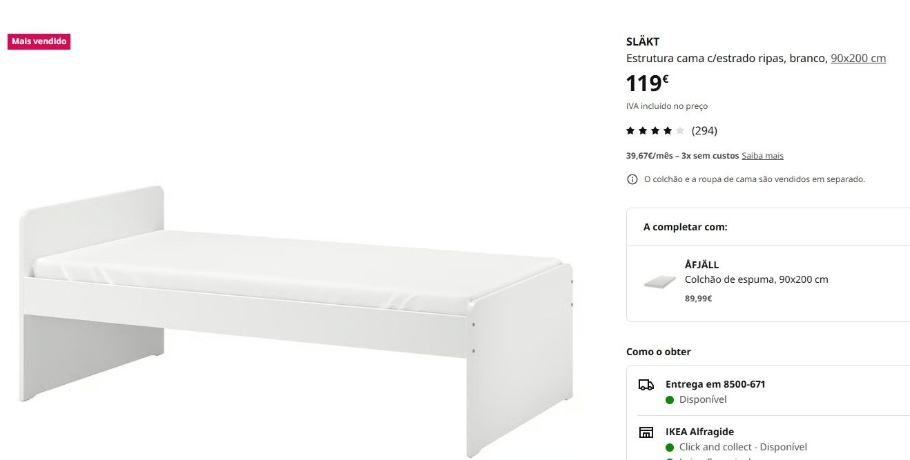 URGENTE Cama (uma) com estrado SLAKT IKEA branca 90x200
