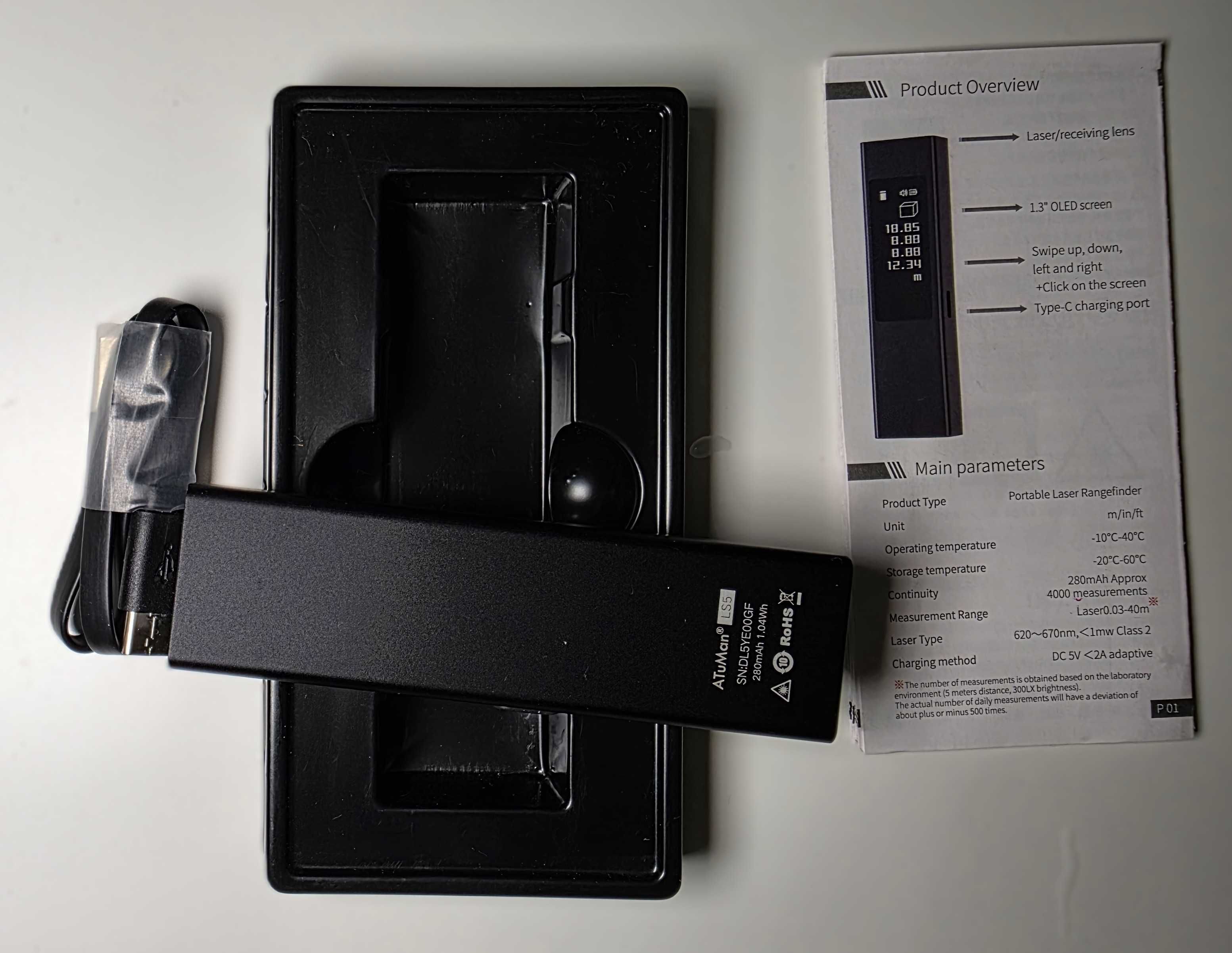 Dalmierz laserowy mały z ekranem OLED aTuMan LS5 USB-C 40m