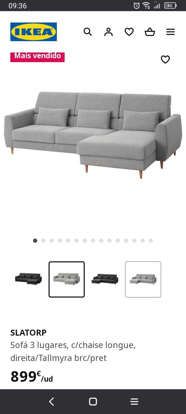 Sofá 3 lugares com chaise longue Slatorp IKEA (como novo)