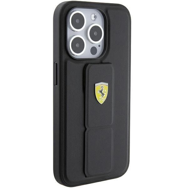 Etui Ferrari Grip Stand Metal Logo Na Iphone 15 Pro - Czarne