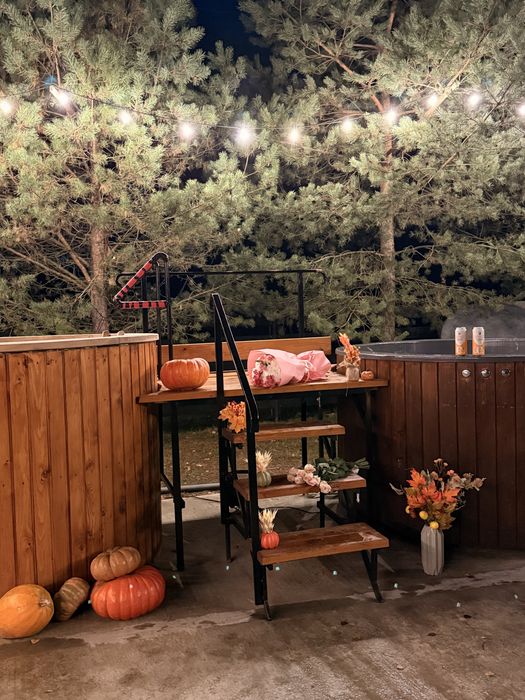 Чан-джакузі з холодною купіллю і зоною відпочинку, мангал, озеро, ліс