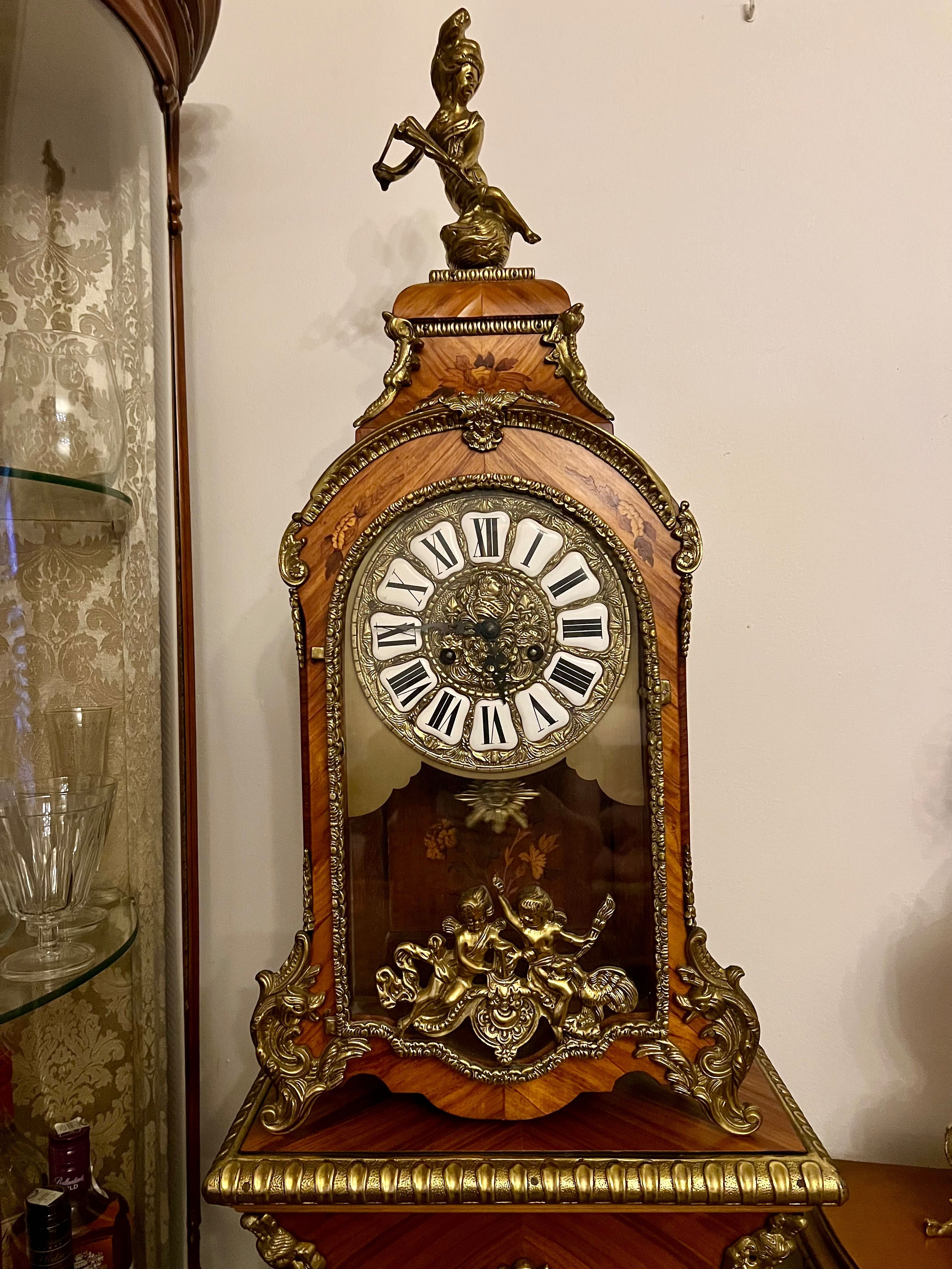 Francuski przepiękny zegar z kolumną w stylu Boulle