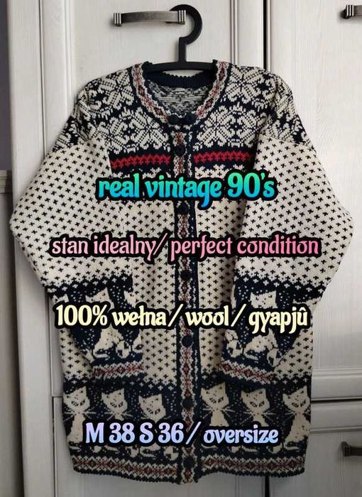 M S XS oversize  dłuższy kardigan kurtka vintage koty 100% wełna kicie