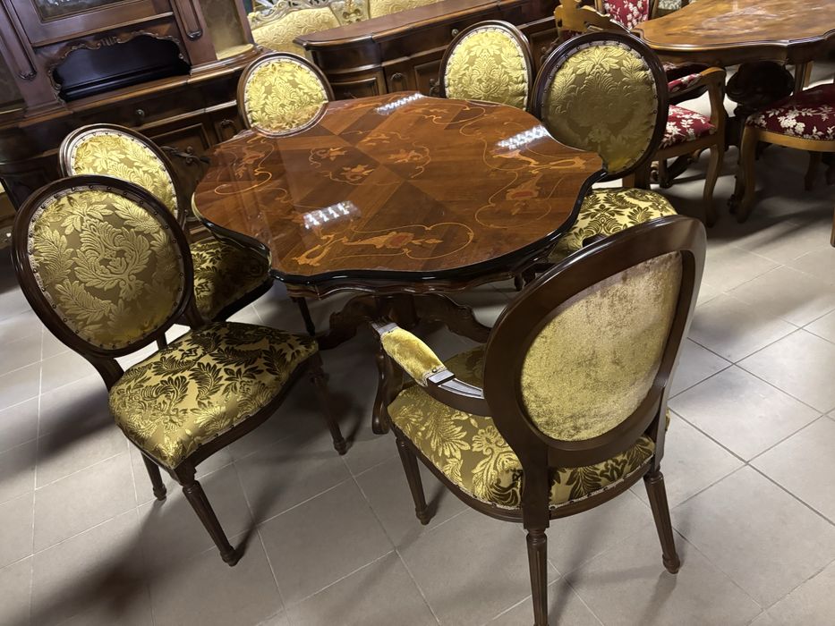 Stylowy Włoski Zestaw Stół 6 Krzeseł Nowa Tapicerka Meble Stylowe ital