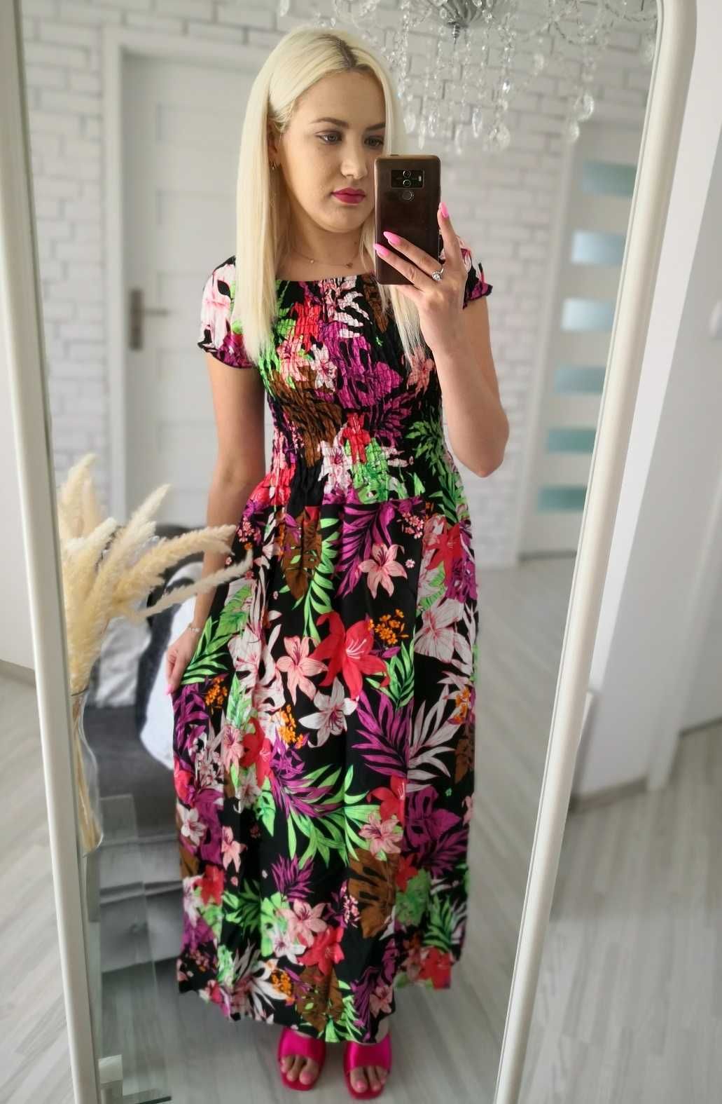 Maxi długa sukienka na lato w kwiaty na codzień na upały na wakacje
