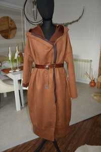 44-52 płaszcz brązowy brąz zamsz długi z kapturem plus size oversize