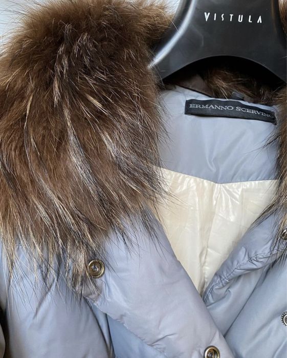 Ermanno Scervino płaszcz puchowy puch futro lis z paskiem XS 34 s 36