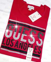 GUESS Oryginalna! Koszulka T-Shirt Bluzka Czerwona Brokat Metallic