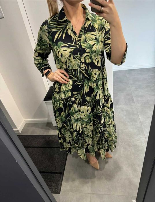 Reserved długa maxi MIDI sukienka w kwiaty wiskoza falbany monstera  M